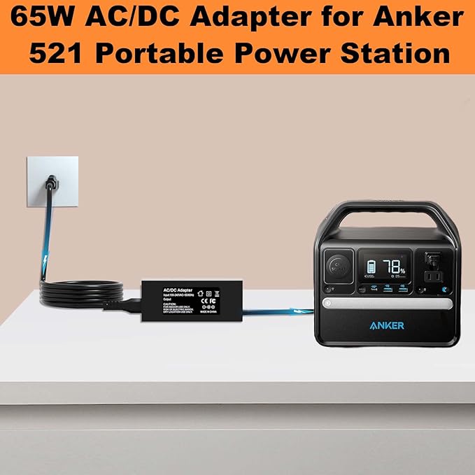 65W Power Adapter with 65W Car Charger for Anker Portable Power Station A1720, Anker 521/523/533, A1730/A1731, Powerhouse II 300 (256Wh/288Wh/389Wh), and 300W/200W Solar Power Station