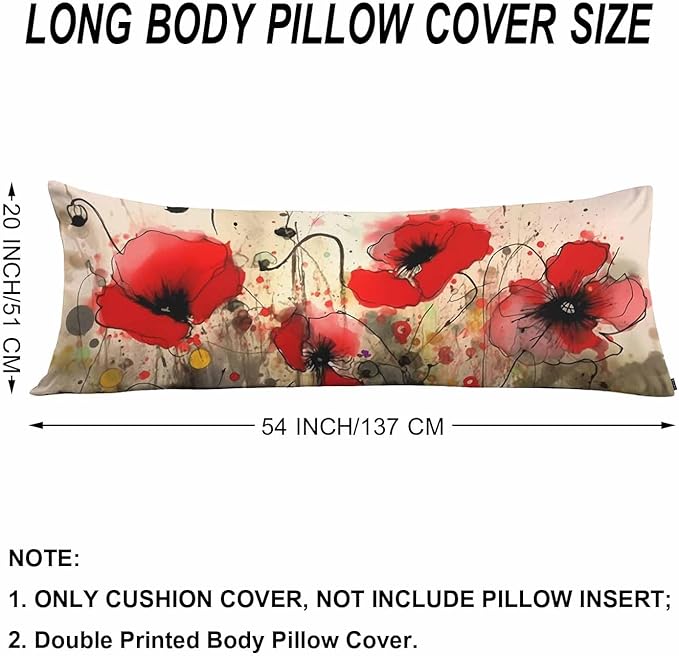 Red Poppy Decorative Body Pillowcase 20"X54", Watercolor Poppies Red Outdoor Body Pillow Covers Throw Pillow Cushion Covers Oversized Body Pillow Cases for Home Patio Office