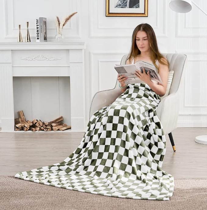 Edenleaf Checkered Blanket Flannel Throw Blankets Soft Cozy Checkered Grid Print Chessboard Gingham Pattern Throws for Bed Sofa Couch for All Seasons, 60x80 Inch, Dark Olive