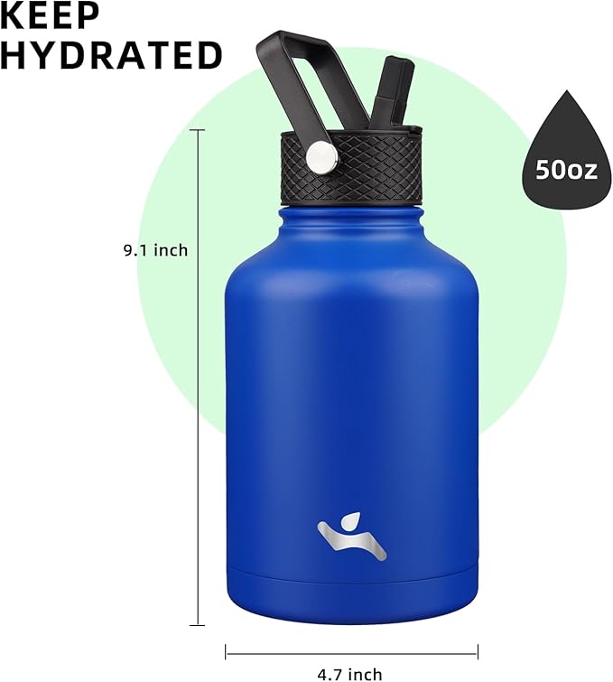 Konokyo Insulated Water Bottle with Straw,50 oz 3 Lids Water Jug with Carrying Bag,Paracord Handle,Double Wall Vacuum Stainless Steel Metal Flask,Blue
