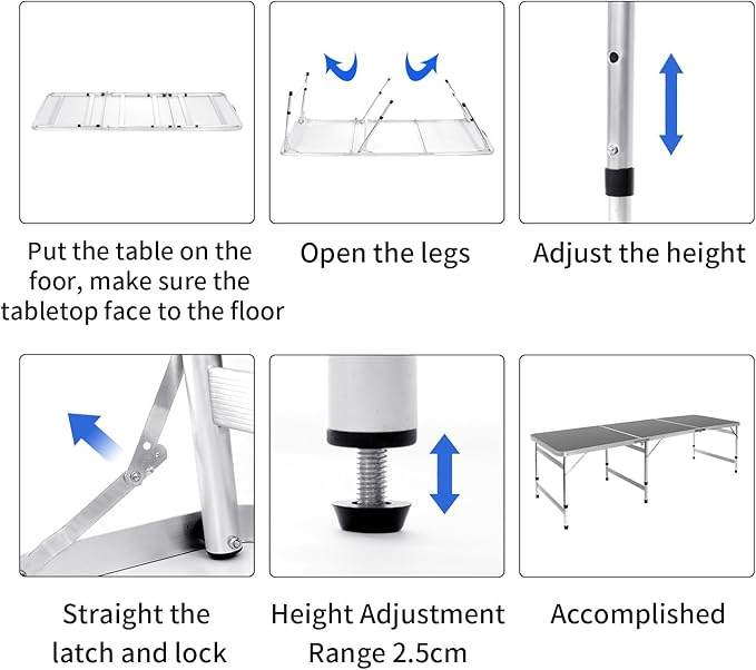 Moosinily Camping Table 6FT Folding Table Large 3 Adjustable Height Portable Picnic Camp Aluminum Outdoor Table Picnic BBQ Black