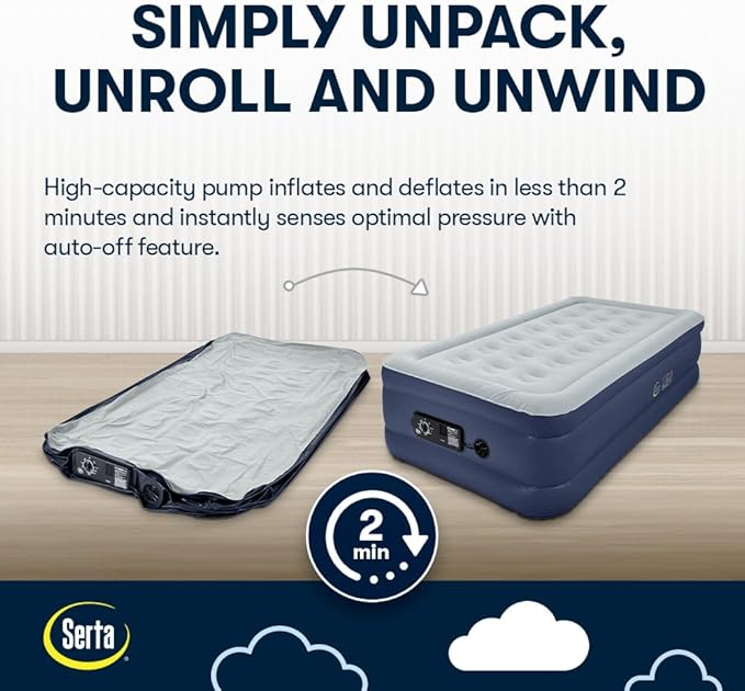 Serta Raised Air Mattress with Never Flat Pump | Luxury Inflatable Mattress with Built in Air Pump to Ensure a Good Night’s Rest | Heavy Duty Blow Up Mattress with Self Inflating Pump