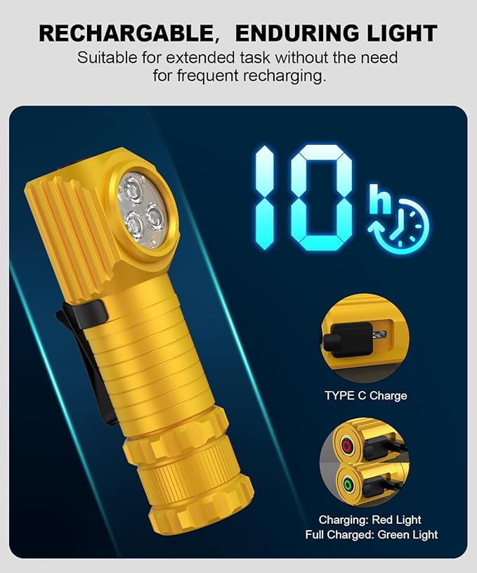 High Lumens LED Rechargeable Headlamp for Adults - Hard Hat Light Running Head Lamp with Red Light, Magnet, 180° Tilt, 7 Modes, Detachable Flashlight & Headband, Outdoor, Emergency 1PC, Gold