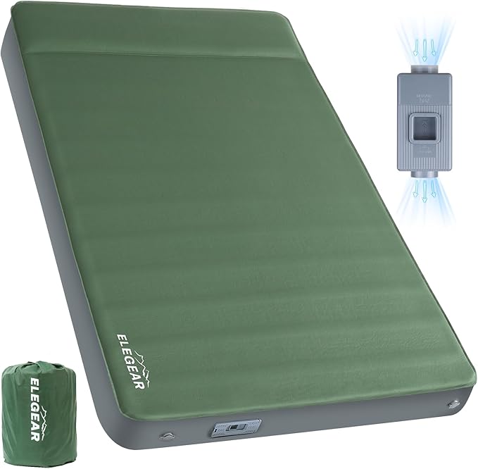Elegear CumbreX™ Air & Foam Self Inflating Sleeping Pad, Built-in Electric Pump 4" Ultra-Thick Memory Foam Camping Mattress with Pillow Double Camping Pad 4-Season R-Value 9.5 Camp Mat - Gueen