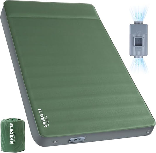 Elegear CumbreX™ Air & Foam Self Inflating Sleeping Pad, Built-in Electric Pump 4" Ultra-Thick Memory Foam Camping Mattress with Pillow Double Camping Pad 4-Season R-Value 9.5 Camp Mat - Gueen