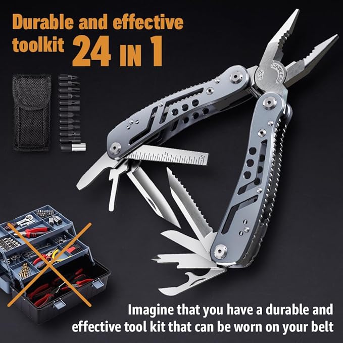 24-in-1 Multitool with Knife, Pliers & 11 Bits Sharp Stainless Steel - Multi Tool for Men - Ideal Gear with Tools for Camping Hiking, Survival, EDC - Best Gifts for Husband Boyfriend 2238