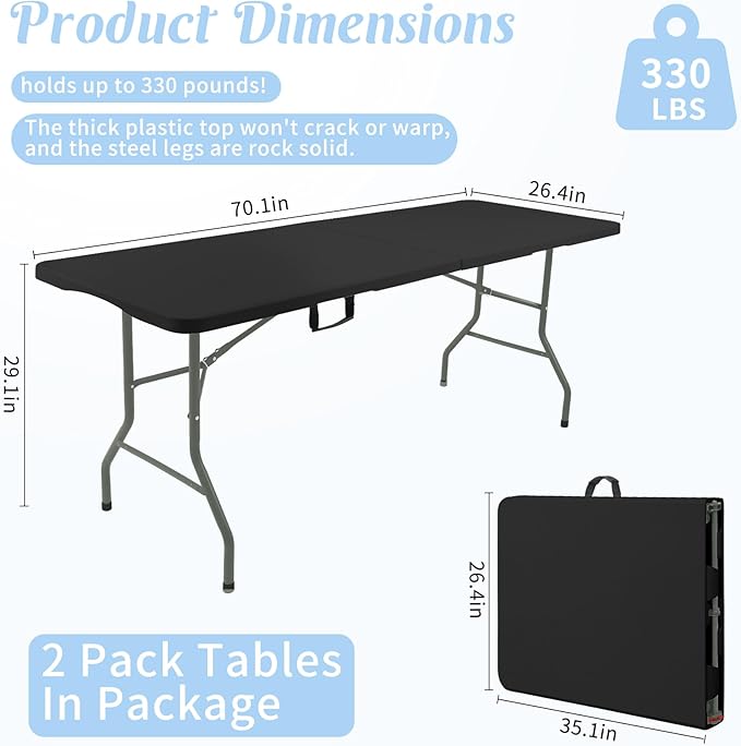 Fivenl 2 Pack 6 Feet Portable Folding Table Black, Steel Legs Fold-in-Half with Carrying Handle Rectangular Plastic Foldable Table for Party, Wedding, Camping, Picnic, Dining, Indoor Outdoor Events