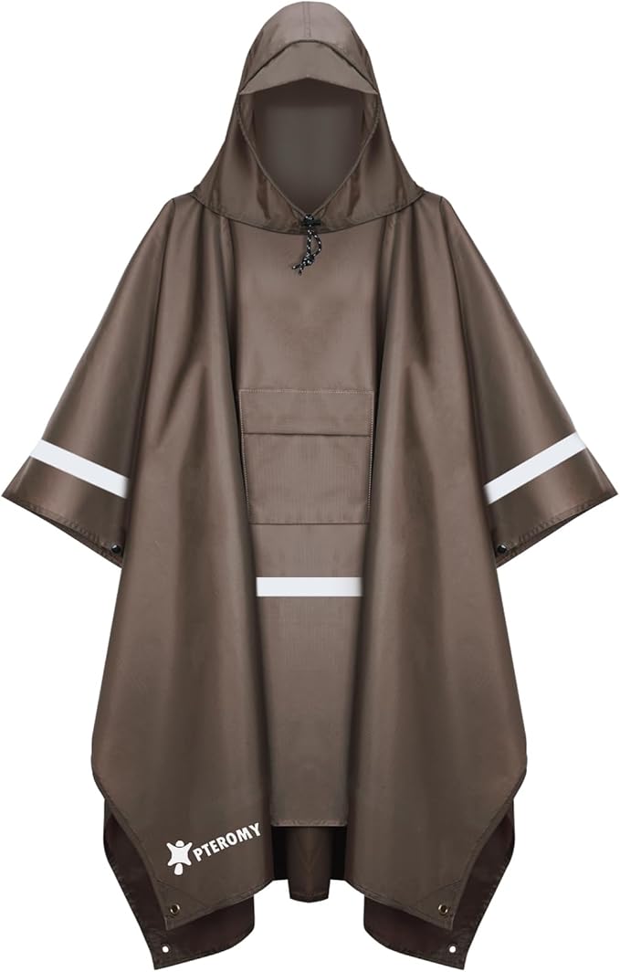 PTEROMY 3-in-1 Hooded Rain Poncho for Adult with Pocket, Waterproof Lightweight Unisex Raincoat for Hiking Camping Emergency