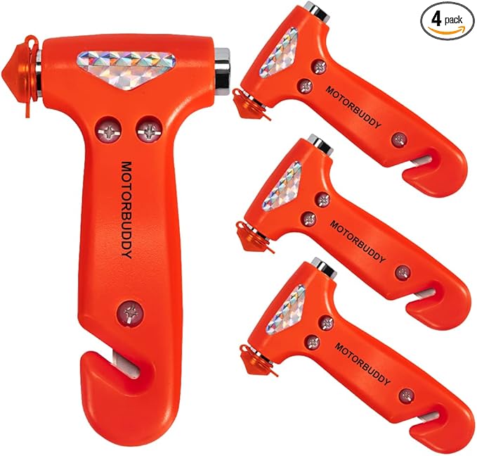 MOTORBUDDY 4-Pack Car Safety Hammer, Auto Emergency Escape Hammer with Window Breaker and Seat Belt Cutter, Striking Red Emergency Escape Tool for Car Accidents