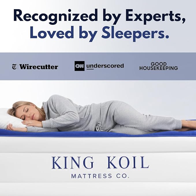 King Koil Premium California King Size Air Mattress with Built-in Pillow & Patented High-Speed Built in Pump, 20" King Size Premium Double High Airbed for Home, Camping & Guests, 1-Year Warranty