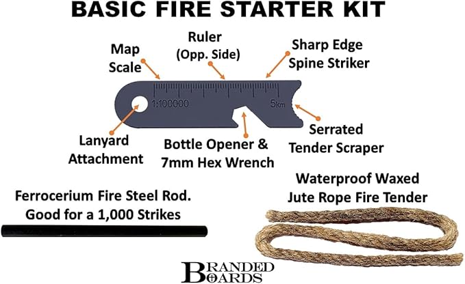 Bushcraft Fire Starter Kits. Ferrocerium Rod, Multi Tool Fire Striker, Waterproof Waxed Jute Rope Tinder, Survival Paracord, Emergency Whistle, Burlap Bag