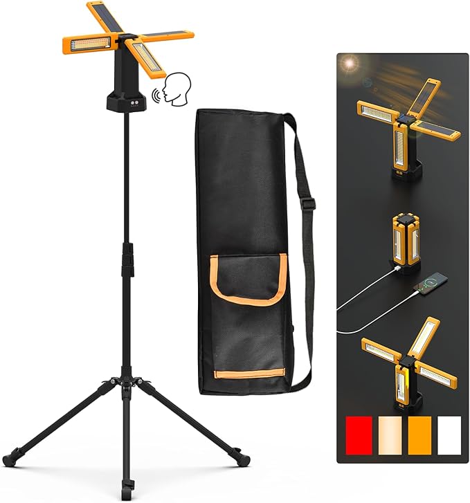 iodoo Voice Control 13200mAh Rechargeable Solar Work Light with Folding Stand Support and Portable Carrying Bag, 8000 Lumen Stepless Dimmable, 4 Lighting Modes, White/Warm/Warm White (Voice Control)