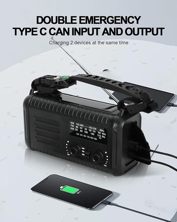 Emergency Crank Radio, 20000mAh / 74000mWh Solar Hand Crank Weather Radio with NOAA/AM/FM, Battery Powered Radio with Cell Phone Charger, Reading Lamp, Flashlight & SOS for Emergencies/Home (Black)