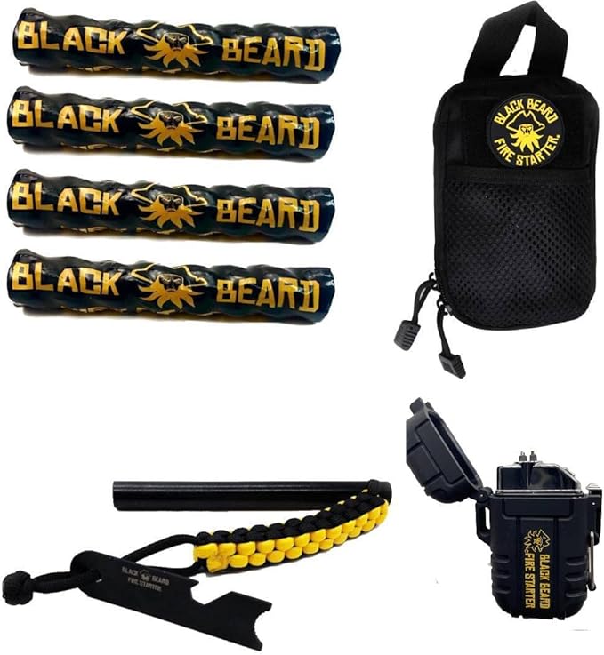 Black Beard Pirate's Plunder Fire Starter Kit with Waterproof Plasma Arc Lighter, Ferro Rod & Fire Starter Rope for Campfires in All-Weather Waterproof & Windproof