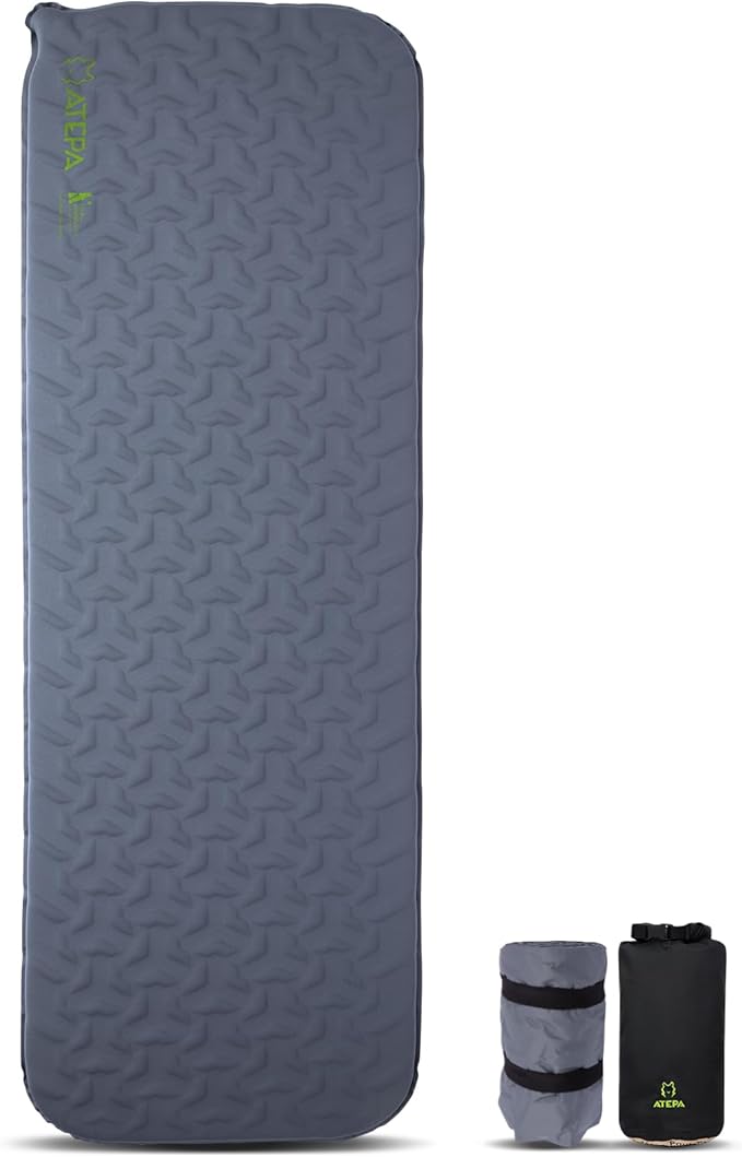 ATEPA Self-Inflating Sleeping Pad, Compact Foam Camping Pad with 3cm High-Resilience 4-Side-Compression Sponge, Lightweight & Portable Mat for Backpacking, Hiking, Camping, Grey