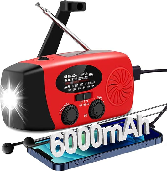 6000mAh/22200mWh Emergency Weather Radio, AM/FM/NOAA Hand Crank Solar Powered Radio, Emergency Phone Charger, 1W 4 Modes Flashlight, SOS Alarm, Earphone Jack, for Emergency