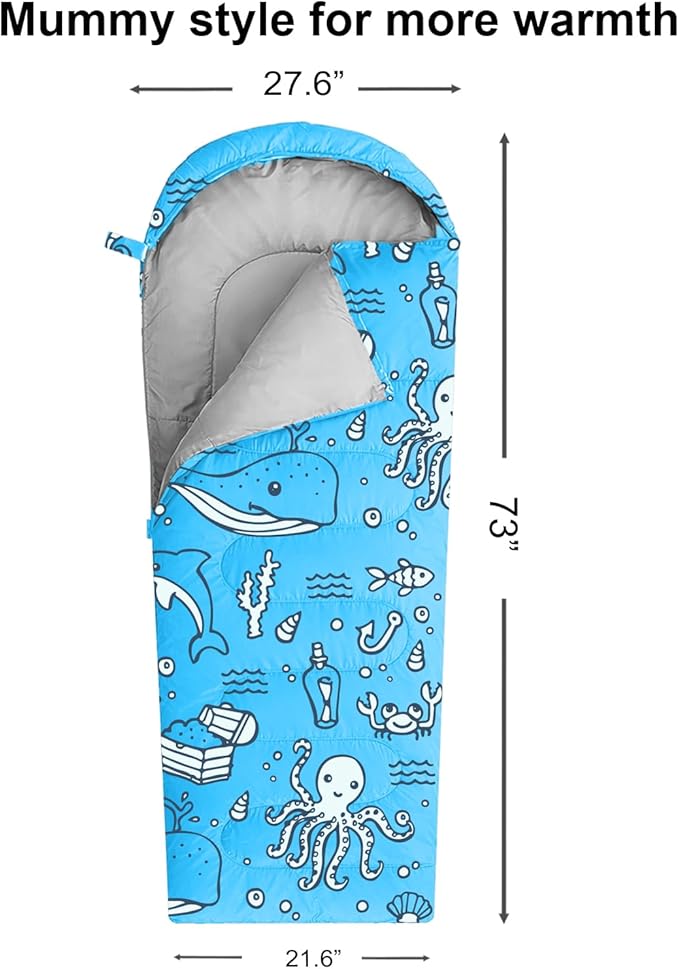 KidzAdventure Mummy Style 32 – 59F Kids Sleeping Bag with Pillow Sleeve, 4 Season, Lightweight and Backpacking Style, Ideal for Camping, Sleepover, Boys, Girls, and Youth