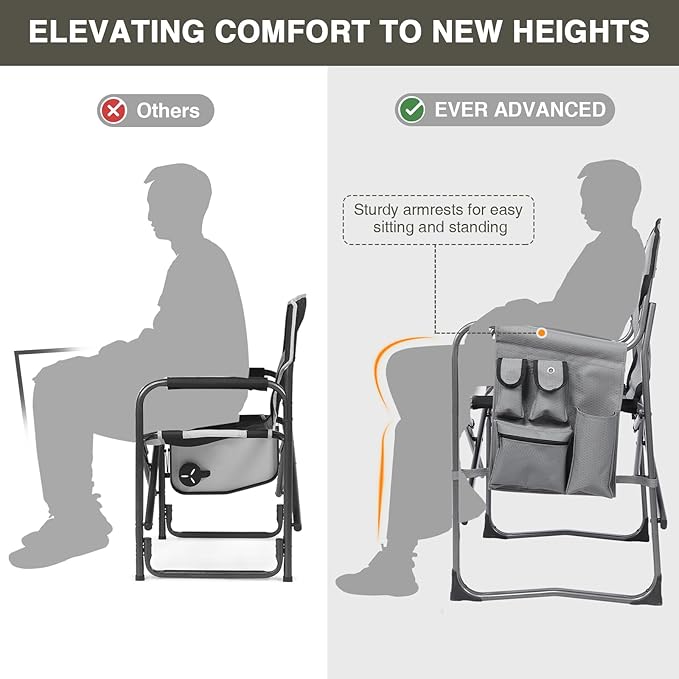 EVER ADVANCED Aluminum Lightweight Folding Director Chair, 350lbs Heavy Duty Camping Chair with Side Table & Storage, 19" Joint-Friendly Height Easy to Stand, Portable Makeup Artist & Vendor Chair
