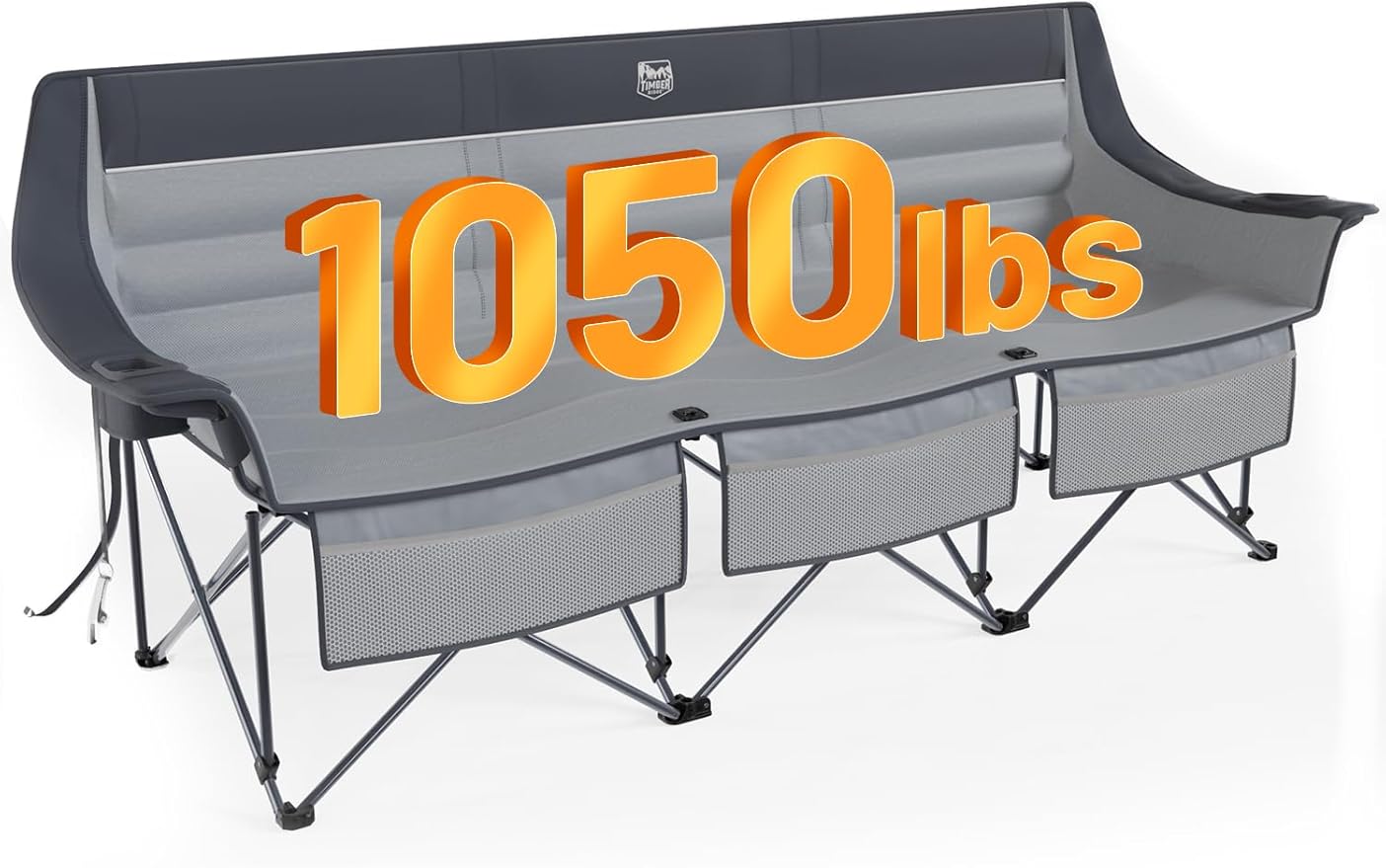 Timber Ridge 3 Person Camping Chair Supports to 1050lbs, Portable Camp Couch Padded Camping Chairs, Outdoor Oversized Folding Loveseat Perfect for Campsites, Patio/Lawn, Soccer Games, Grey