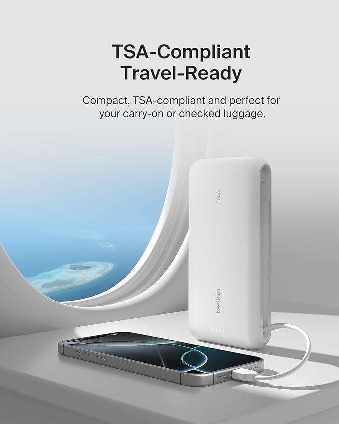 Belkin Power Bank with Integrated Cable, Fast Charging USB-C, 20000 mAh 30W, Portable Charger Power Bank USB C for iPhone 17, Air, Pro, Pro Max, iPad, AirPods, Apple Watch, Galaxy S25, & More - White