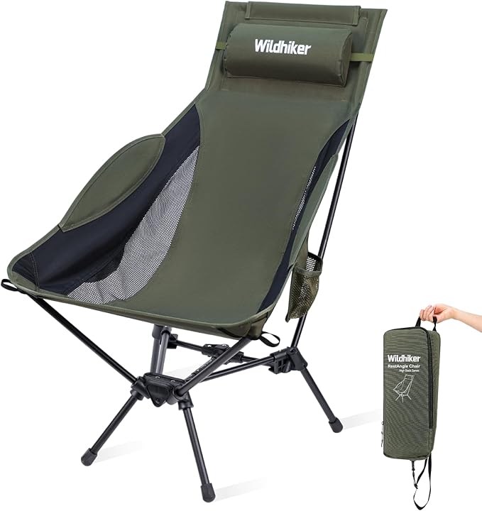 Wildhiker Portable Compact Folding Camping Chairs – Lightweight High Back with Pillow, Deep Recline, ArmPads, Side Pockets-for Motorcycle, RV, Backpacking, Travel, Festival – Green