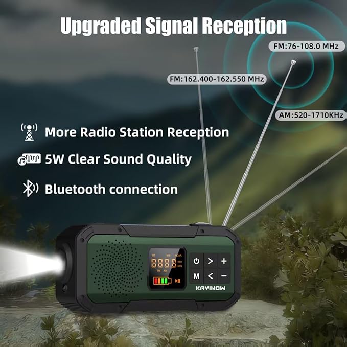 NOAA Weather Radio AM/FM,Portable 7400mWh/2000mAh Rechargeable Battery Operated with USB-C/Hand Crank/Solar Charging,Bluetooth Connectivity,Light,SOS Alarm,Ideal for Camping,Hurricane and Storm