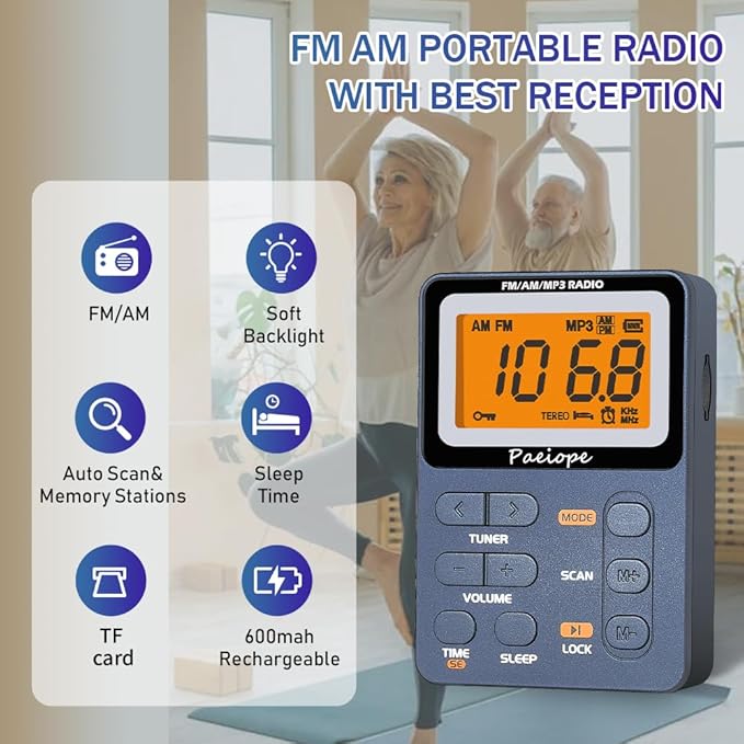 Portable Radio AM FM, Rechargeable Pocket Walkman with Best Reception Digital Tuning, MP3, Stereo Earphone, Large LCD Screen, TF Card Socket, Transistor Radio for Jogging/Gym/Camping(Blue)