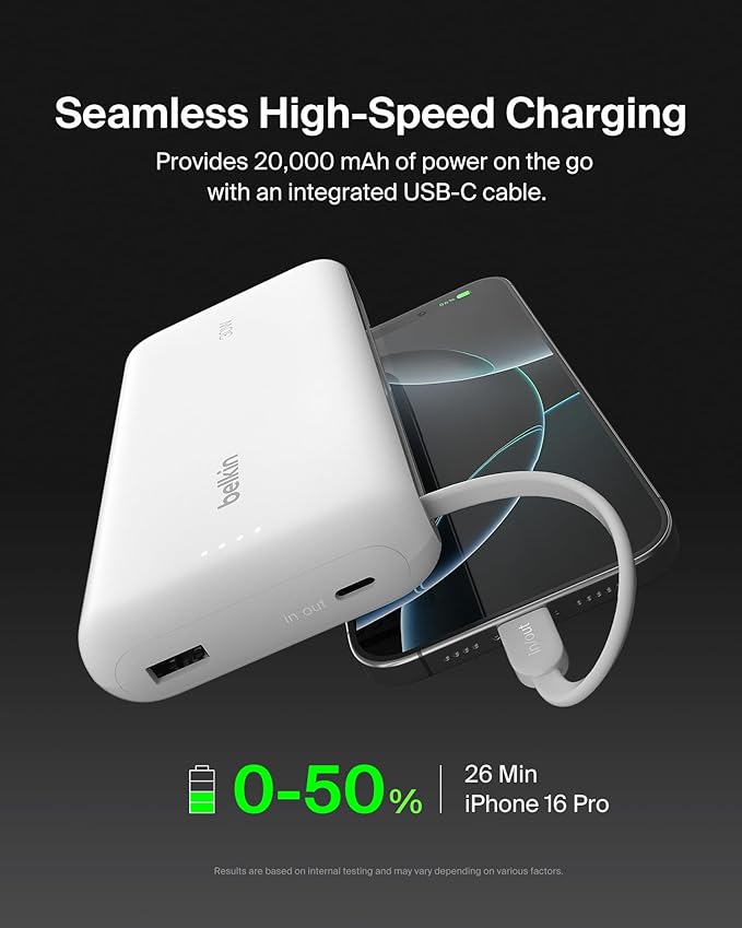 Belkin Power Bank with Integrated Cable, Fast Charging USB-C, 20000 mAh 30W, Portable Charger Power Bank USB C for iPhone 17, Air, Pro, Pro Max, iPad, AirPods, Apple Watch, Galaxy S25, & More - White