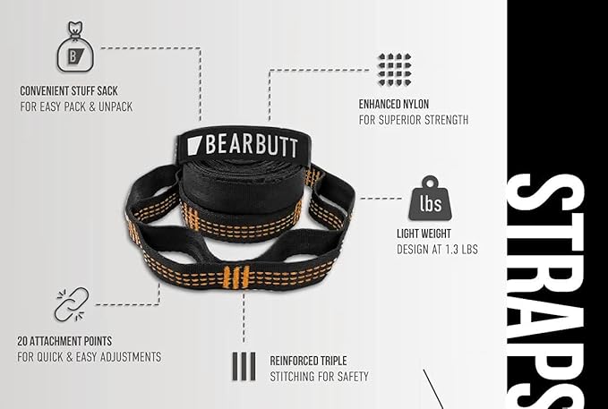 Bear Butt Kodiak Hammock Straps for Trees - 20 Feet Long, 40 Combined Loops - Holds 1000 Pounds - Camping Accessories With Carabiner