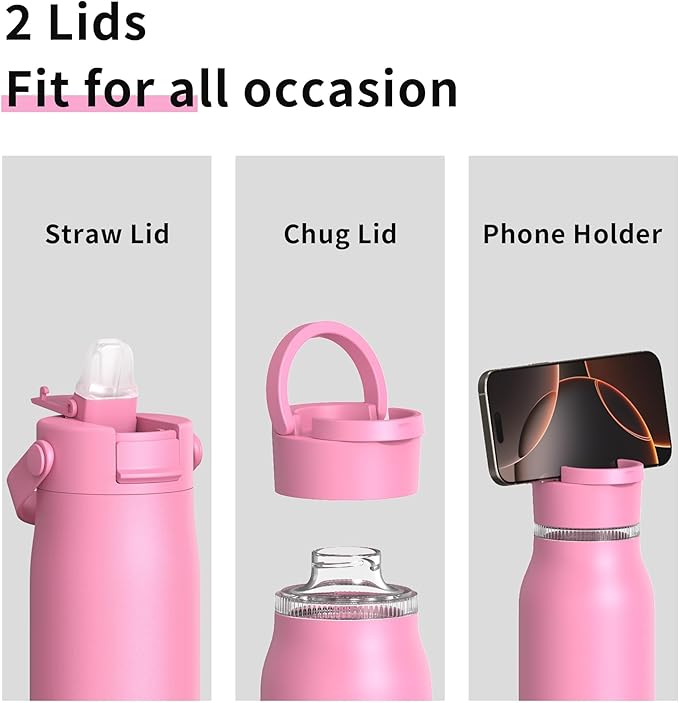 LISI 40oz Insulated Water Bottle, Double Wall Stainless Steel Water Bottles with Straw, 100% Leak-Proof Travel Thermal Canteen Mug with 2 Lids (Straw, Phone Holder Lid)