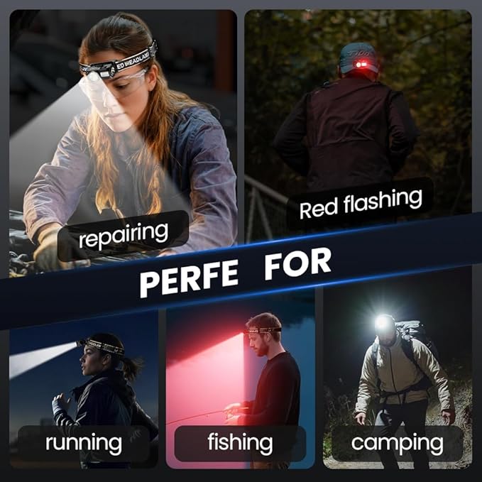 Rechargeable Headlamp 2000 High Lumens,90° Adjustable Super Bright LED Head Lamp with Red Light,IPX7 Waterproof,9 Modes Zoomable Headlight for Adult, Outdoor,Camping,Running,Cycling (Mini)