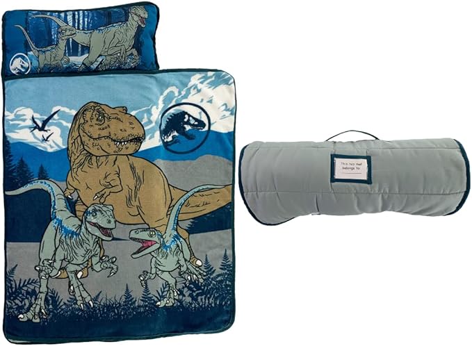 Jurassic World 24"(W) X 45"(L) Soft Toddler Nap Mat with Pillow and Blanket Perfect for Preschool, Daycare, and Travel (100% Official Licensed Product)