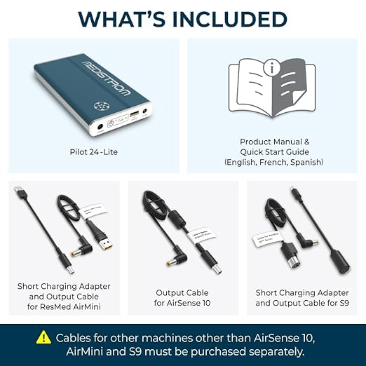 Medistrom Pilot-24 Lite Bundled with Cables for ResMed S9, AirSense 10, AirMini - 95Wh CPAP Battery Backup Power Supply for CPAP Machine - Camping Power Bank Portable Battery - TSA Approved