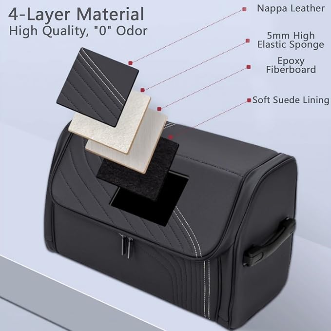 TOPABYTE Car Trunk Organizer with Lid and Sturdy Handle Foldable Durable Premium Leather Storage Box Cargo for BMW SUV Sedan Truck, Black