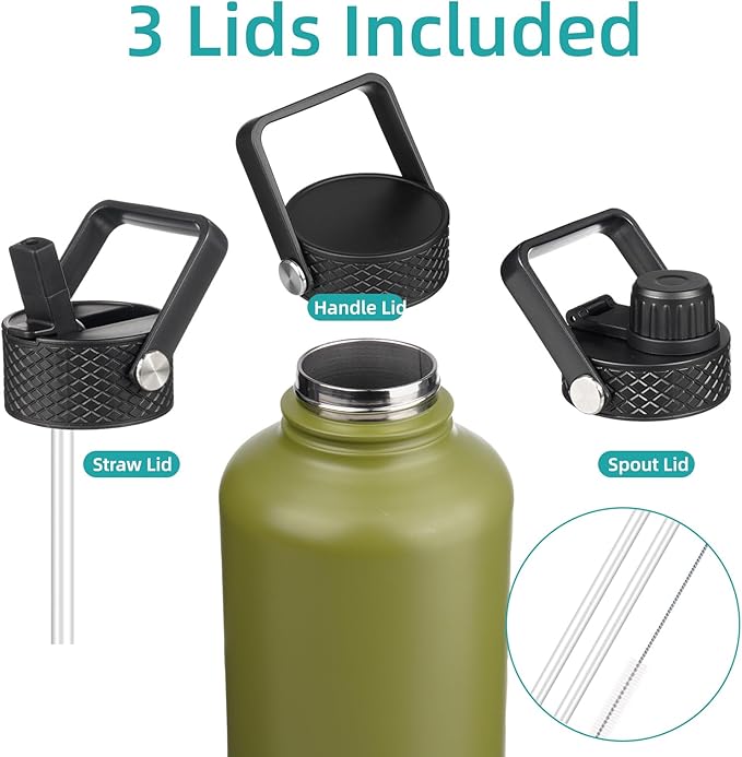 Konokyo Half Gallon Insulated Water Bottle with Straw,64 oz 3 Lids Water Jug with Carrying Bag,Paracord Handle,Double Wall Vacuum Stainless Steel Metal Flask,Forest Green