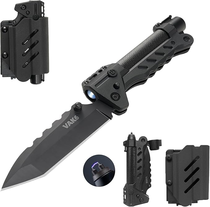 VIPERADE VAK6-S Survival Multitool with Folding Knife, LED Flashlight and Pulse Ignition, EDC Pocket Knife for men, Rechargeable Flashlight with Belt Sheath (Black)