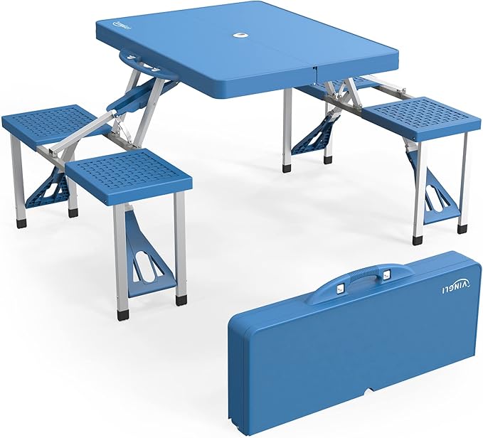 VINGLI 4 Ft Camping Picnic Table Set with 4 Seats with Umbrella Hole Folding Lightweight Suitcase Card Table-220 Lbs Support Aluminum Frame, Plastic RV Tabletop for Barbecue,Travel,Outing,Gathering