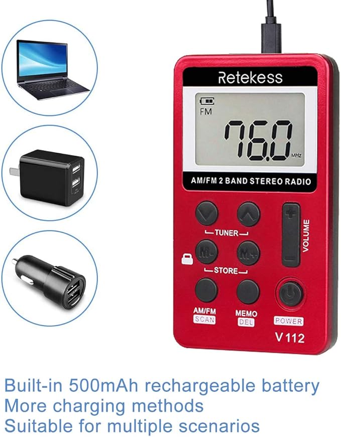 Retekess V112 AM FM Portable Pocket Radio, FM Receiver, Digital Tuning Stereo, with Headphones, Rechargeable Battery, for Walking, Jogging, Training, Church (Red)