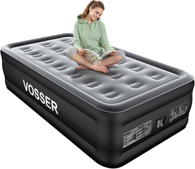 VOSSER Air Mattress Twin with Built in Pump,18” Raised Blow Up Mattress,Inflatable Mattress in 2 Mins,Single Twin Size Air Mattress for Home,Floor&Camping, Air Bed for Adults,330LB Max,Black