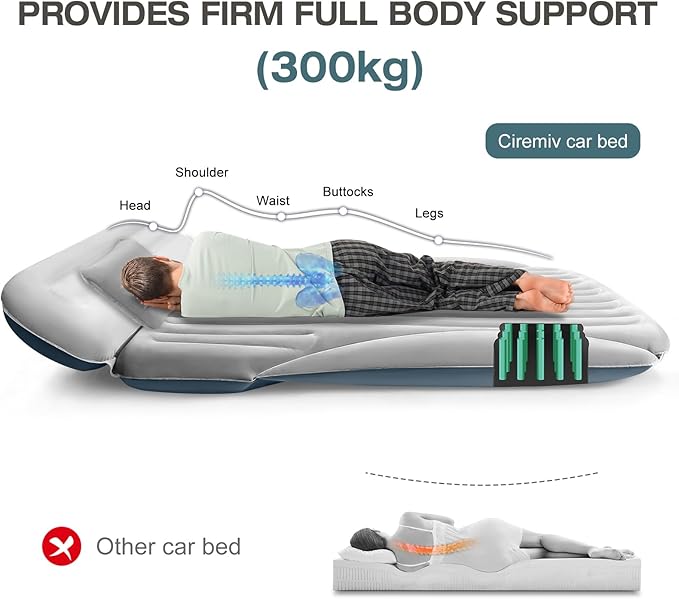 Ciremiv SUV Air Mattress, Double-Sided Thick Flocked Car Air Mattress with Built-in Pump & Pillow, Complete Sleeping Accessories for Auto Camping & Road Trips（Light Grey）