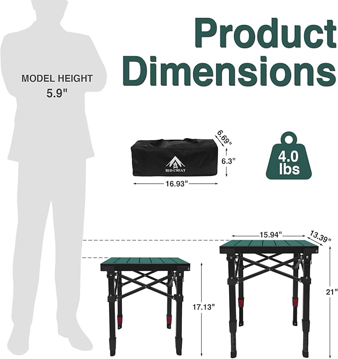 Camping Table Portable Foldable with Adjustable Height, Lightweight Collapsible Aluminum Roll-Up Camp Table with Storage Bag & Carry Bag, Heat-Resistant for RV Picnic BBQ Camping (Small 16"×13")