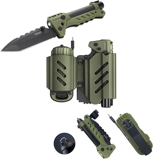 sayram Survival Multi Tool - 4-in-1 Tactical Knife, Rechargeable Flashlight, Pulse Arc Lighter, Hand Crank Generator for Emergency, Camping & Outdoor (Belt Sheath Included) (Green)