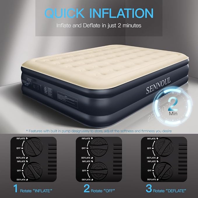 SENNOUL Air Mattress Queen with Built in Pump, Inflatable Mattress Blow Up Mattress 18 Raised Comfort,Upgraded Surface Portable Bed, Air Bed for Home, Guest, Camping, Colchone Inflable, 650 lbs