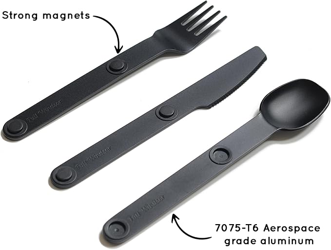 FULL WINDSOR Magware Camping Set - Travel Utensils for Outdoor Dining, Backpacking & Camping Essentials - Knife, Fork & Spoon with Pouch - Magnetic Silverware Lunchbox Utensils Cutlery - Black (3 PCS)