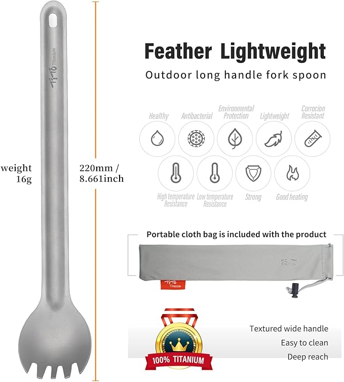 TiTo Titanium Long Handle Spork and Spoon Eco-Friendly Ultralight Portabale Flatware for Outdoor Camping Backpacking Hiking Travel Picnic Tableware with Bag (2Pcs Sandblasting)