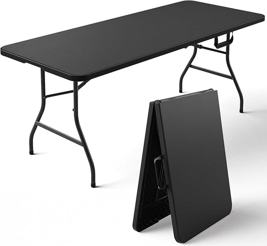 2 Pack 6FT Folding Table, Foldable Picnic Table with Carrying Handle, Heavy Duty Fold-in-Half Portable Table for Weddings, Camping, RV Travel, Parties, BBQs, Easy to Fold and Store, Black