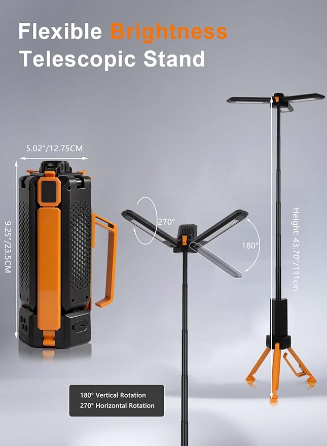 15000mAh Rechargeable Telescopic Camping Light, Portable Flashlight & Lantern with Reinforced Tripod Base, Height Adjustable Dimmable Tent Light, Power Bank for Outdoor BBQ, Hiking, Job Site, Orange