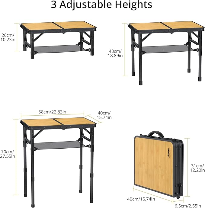 Anbte 2ft Camping Table Foldable with Storage Net, 3 Adjustable Heights Aluminum Small Folding Table Lightweight, Portable Handle for Travel Outdoor Beach Camping Picnic, 23.2" x 16", Light Oak Grain