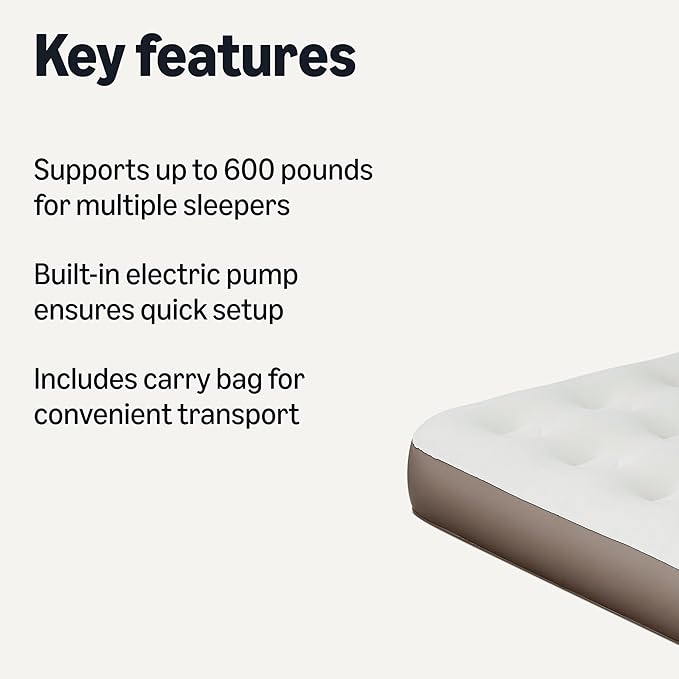 Amazon Basics Inflatable Air Mattress Queen with Built-in Pump, 600lb Capacity