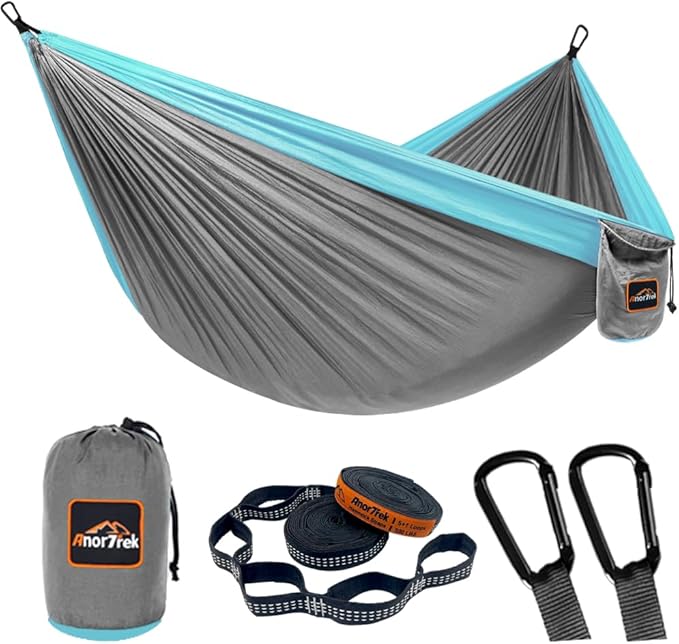 AnorTrek Camping Hammock, Super Lightweight Portable Parachute Hammock with Two Tree Straps Single or Double Nylon Travel Tree Hammocks for Camping Backpacking Hiking
